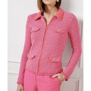 Talbots Tweed Collared Zip Cardigan Dash Stripe Pink Orange Sz LP Classic Preppy